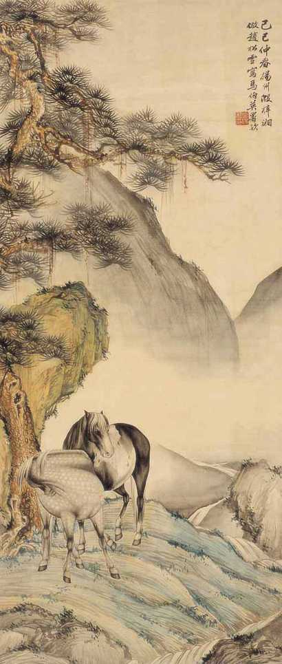 殷梓湘 双骏 立轴